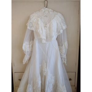 Vtg Alfred Angelo Wedding Dress 70s Cottagecore Victorian Lace Puff Train Union